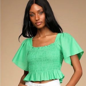 Lulu’s Your Sunshine Green Smocked Flutter Sleeve Top